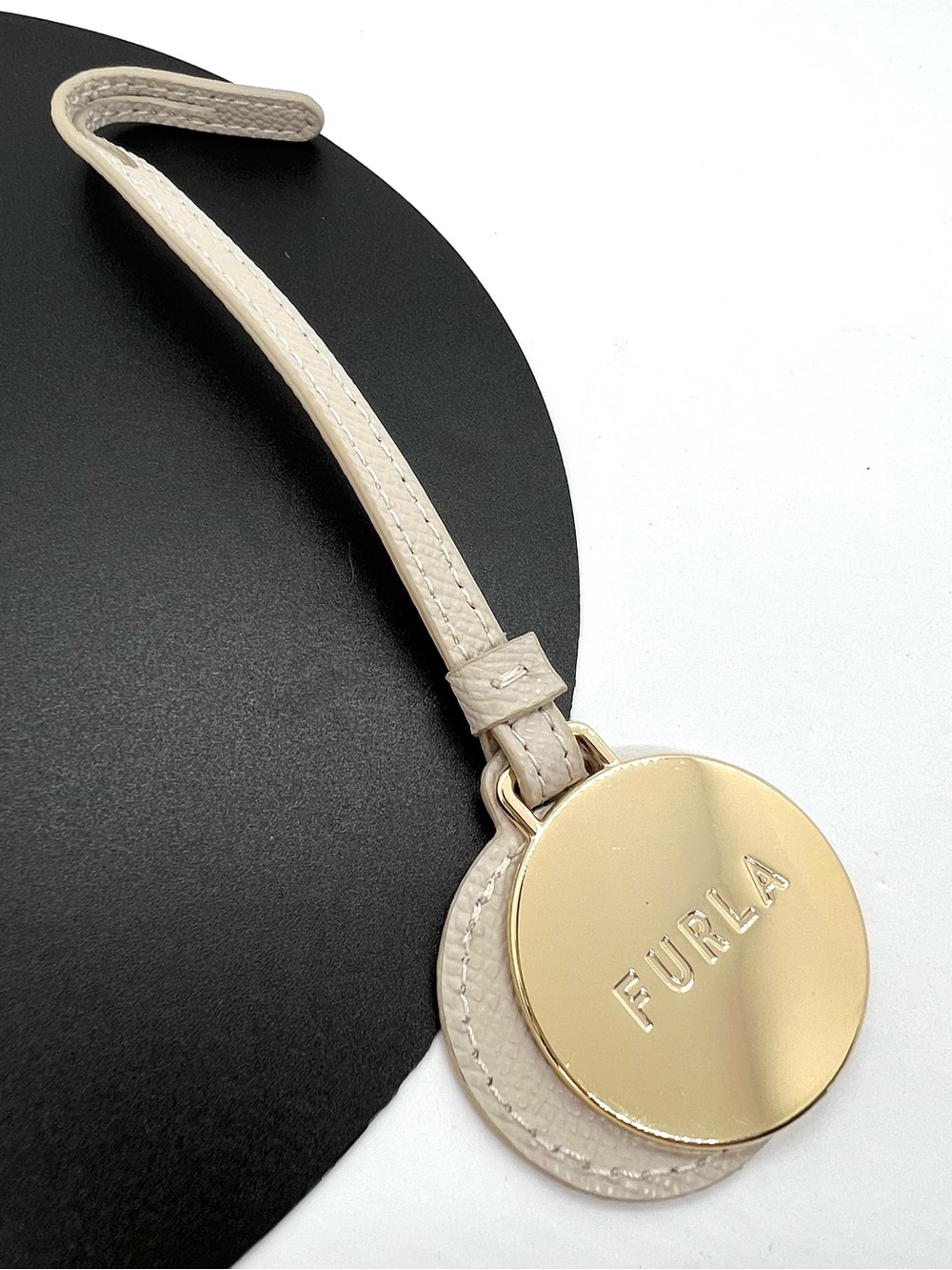 Furla Leather Gold Arch Round Logo Handbag Bag Charm Key Ring Beige
